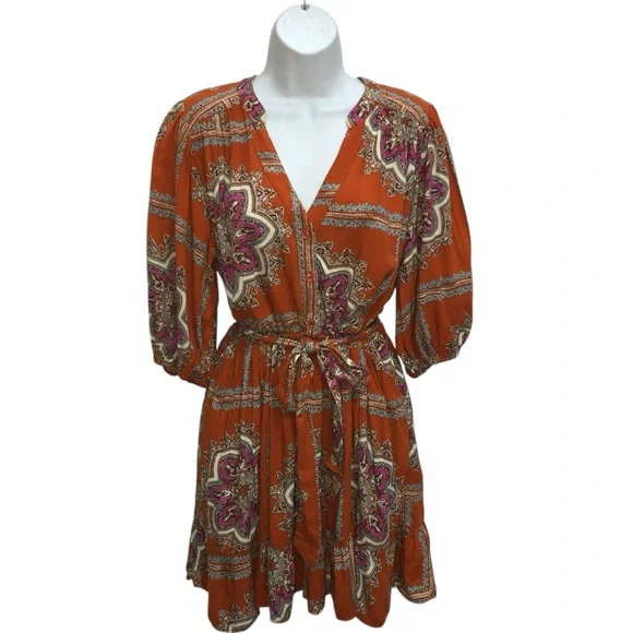 Anthropologie PORRIDGE Isabel Orange Paisley Tie Waist Mini Dress Women’s Medium - Picture 10 of 15